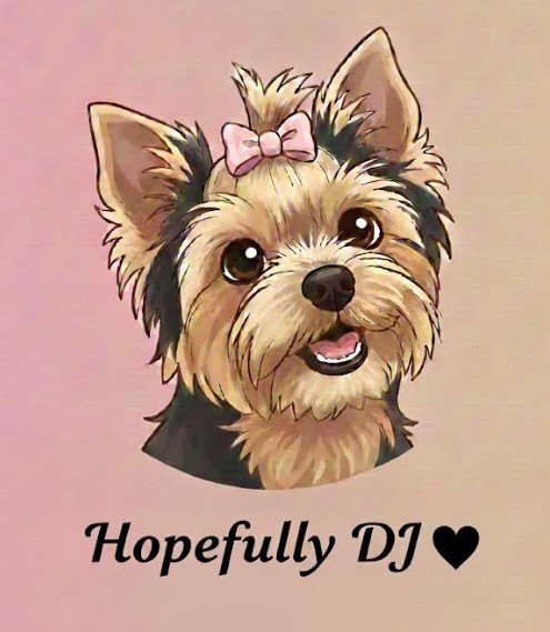 Hopefull, the Hopefully DJ mascot — an illustrated Yorkshire Terrier with a pink bow
